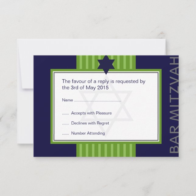 Star of David Bar Mitzvah green & blue ribbon RSVP (Front)