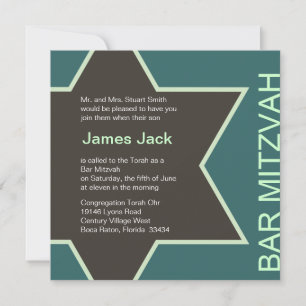 Star of David Bar Mitzvah Green & Brown 2 Invitation