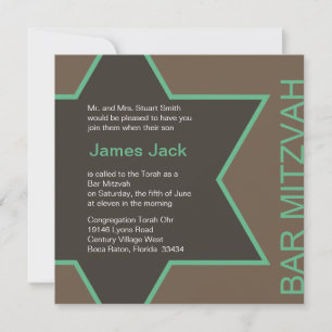 Star of David Bar Mitzvah - Green & Brown Invitation