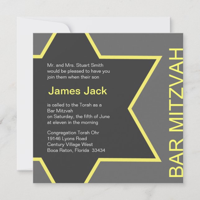 Star of David Bar Mitzvah Grey & Yellow Invitation (Front)