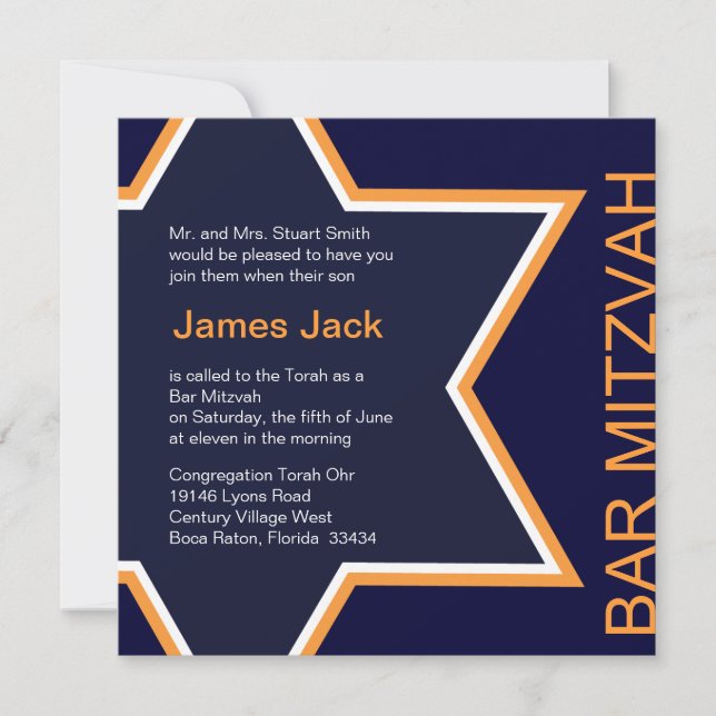 Star of David Bar Mitzvah Orange & Blue Invitation (Front)