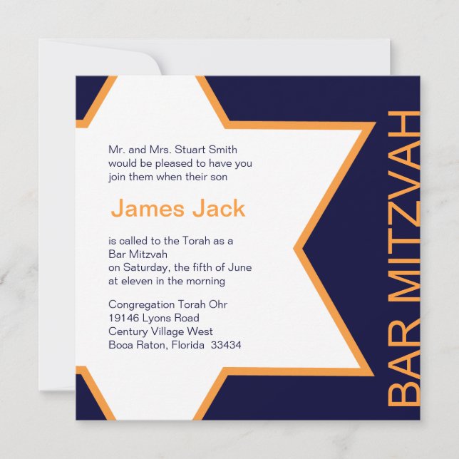 Star of David Bar Mitzvah Orange & Blue Invitation (Front)