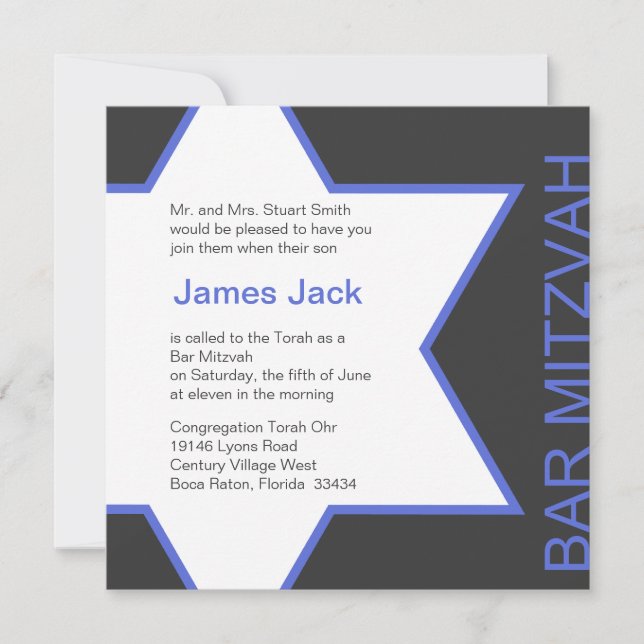 Star of David Bar Mitzvah - Royal Blue & Grey Invitation (Front)