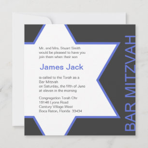 Star of David Bar Mitzvah - Royal Blue & Grey Invitation