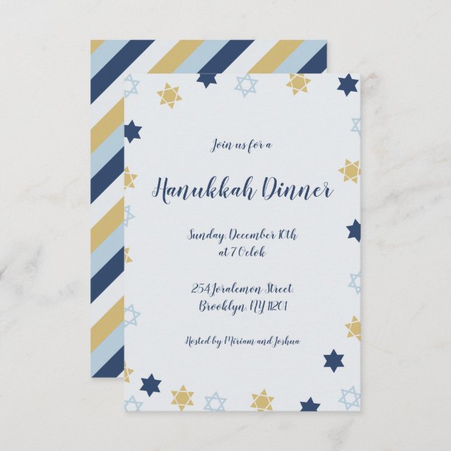 Star of David | Blue and Gold  Hanukkah Dinner Invitation (Front/Back)