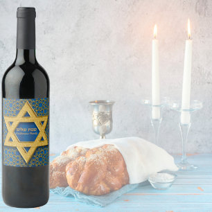 Star of David Blue Gold Hebrew Shabbat Shalom Wine Label
