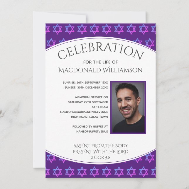 Star of David CELEBRATION OF LIFE Photo Funeral Invitation (Front)