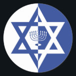 Star of David & chanukiah Hanukkah holiday blue Classic Round Sticker<br><div class="desc">Star of David Hanukkah holiday blue and white sticker featuring the Star of David and the Hanukkah menorah or candelabrum in blue and white in positive negative space style.</div>