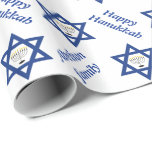 Star of David & chanukiah Hanukkah holiday blue Wrapping Paper<br><div class="desc">Star of David Hanukkah holiday blue and white personalised wrapping paper featuring the Star of David and the Hanukkah menorah or candelabrum in blue and white in positive negative space style,  the phrase "Happy Hanukkah" and your family name.</div>