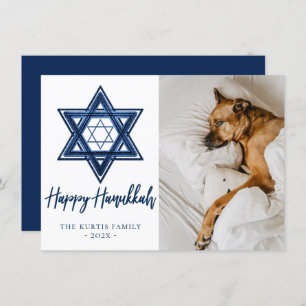 Star of David   Classic Blue Modern Hanukkah Photo Holiday Card