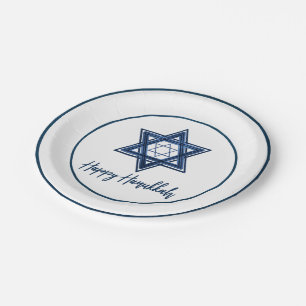Star of David   Classic Blue Modern Happy Hanukkah Paper Plate