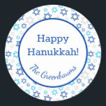 Star of David Classic Round Sticker<br><div class="desc">These fabulous gift tags would look great on all your Hanukkah gifts.  They are so modern yet classic with their blue,  turquoise and silver Stars of David in all different sizes.  And,  they are customisable with your family name.</div>