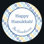Star of David Classic Round Sticker<br><div class="desc">These fabulous gift tags would look great on all your Hanukkah gifts.  They are so festive with their Stars of David in blue and yellow.  Trendy yet traditional.  And,  they are customisable with your family name.</div>
