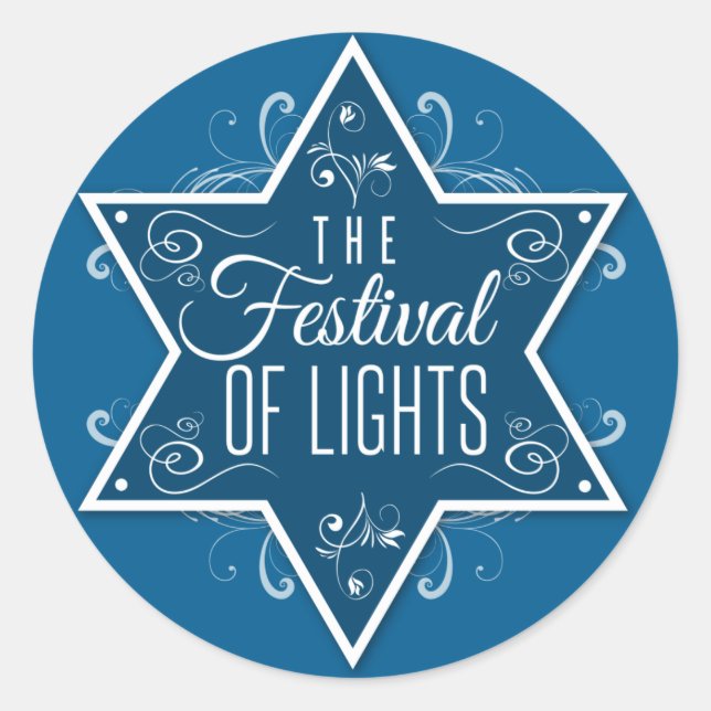 Star of David Festival of Lights Blue Hanukkah Classic Round Sticker (Front)