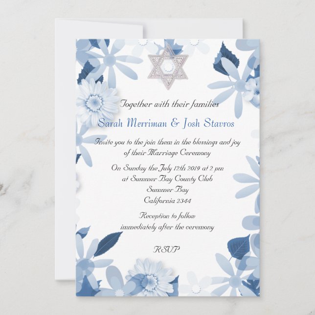 Star of David floral chuppah Jewish wedding Invitation (Front)