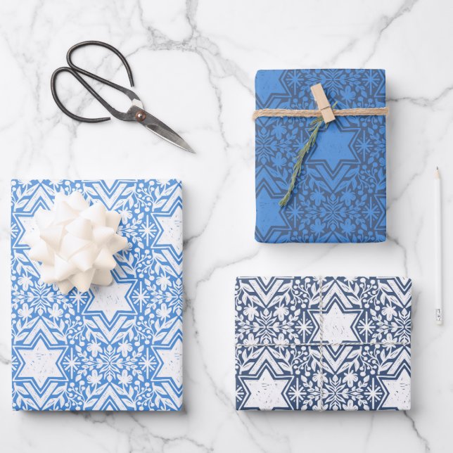 Star of David Floral Hanukkah Set Wrapping Paper Sheet (Front)