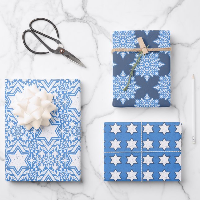 Star of David Floral Hanukkah Set Wrapping Paper Sheet (Front)