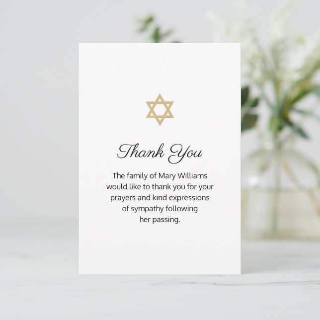 Star of David Funeral Religious Floral Thank You Card (Standing Front)