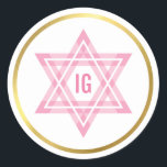 STAR OF DAVID gold circle pink monogram logo Classic Round Sticker<br><div class="desc">*** NOTE - THE SHINY GOLD FOIL EFFECT IS A PRINTED PICTURE A cute little LOVE sticker that can be used for any occasion - wedding, baby shower, birth announcement, graduation, anniversary, handmade craft items or clothing for small business packaging etc... TIPS 1. To change the main colour hit the...</div>