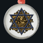 Star of David Gold Metal Tree Decoration<br><div class="desc">Elegant Star of David with traditional blue and white hexagram symbol complimented with an ornate baroque flourish of gold background. Art of Margaret Loftin Whiting.</div>