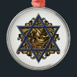 Star of David Gold Metal Tree Decoration<br><div class="desc">Elegant Star of David with traditional blue and white hexagram symbol complimented with an ornate baroque flourish of gold background. Art of Margaret Loftin Whiting.</div>