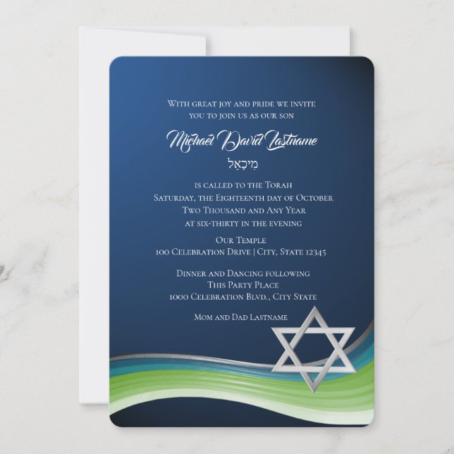 Star of David Green and Blue Gradient Bar Mitzvah Invitation (Front)