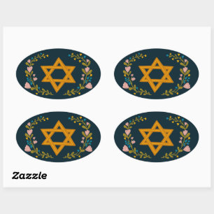 Star of David Hand-drawn Floral Jewish Custom Oval Sticker