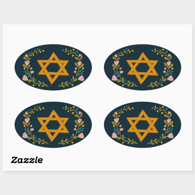 Star of David Hand-drawn Floral Jewish Custom Oval Sticker (Sheet)