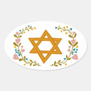 Star of David Hand-drawn Floral Jewish Custom Oval Sticker