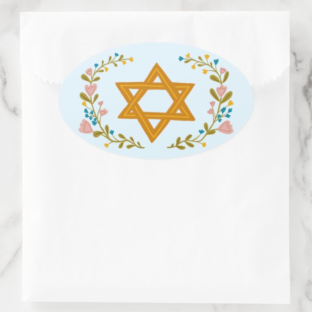 Star of David Hand-drawn Floral Jewish Custom Oval Sticker (Bag)