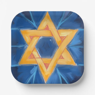 Star of David Hanukkah Blue Watercolor Paper Plate