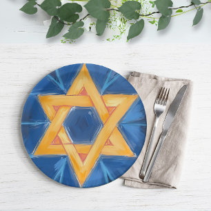 Star of David Hanukkah Blue Watercolor Paper Plate