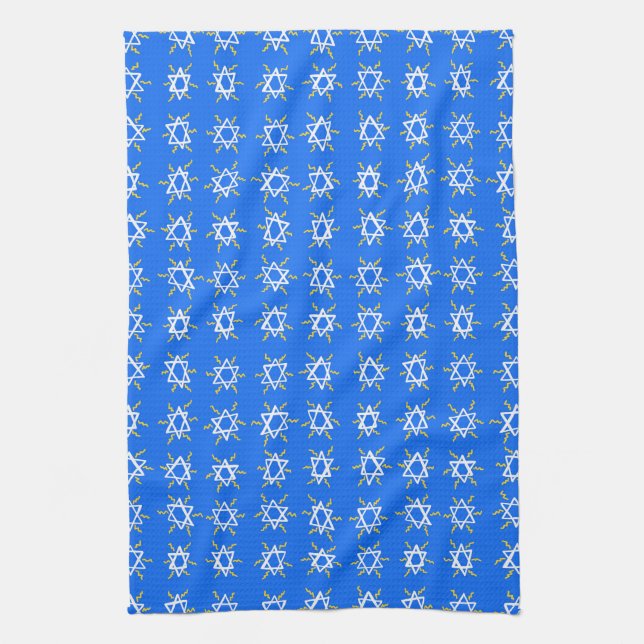 Star of David Hanukkah Pattern Blue White Tea Towel (Vertical)
