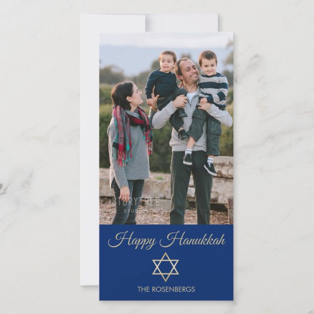 Star of David Happy Hanukkah Blue Family Photo Holiday Card (Front)