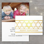 Star of David Happy Hanukkah Modern Simple 1 Photo Foil Card<br><div class="desc">Send elegant Happy Hanukkah wishes with a modern custom photo folded card. All wording on this template is simple to personalise. The black, white and gold foil design features a geometric Star of David design, minimalist vintage art deco typography, and one photo of your choice. Family and friends will love...</div>