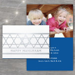 Star of David Happy Hanukkah Techelet Blue 1 Photo Foil Card<br><div class="desc">Send elegant Happy Hanukkah wishes with a modern custom photo folded card. All wording on this template is simple to personalise. The techelet blue, white and silver foil design features a geometric Star of David design, minimalist vintage art deco typography, and one photo of your choice. Family and friends will...</div>