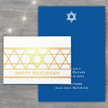 Star of David Happy Hanukkah Techelet Blue Modern Foil Card<br><div class="desc">Send elegant Happy Hanukkah wishes with a modern custom photo folded card. All wording on this template is simple to personalise. The techelet blue, white and gold foil design features a geometric Star of David design and minimalist vintage art deco typography. Family and friends will love displaying this stylish customised...</div>
