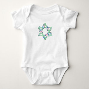 Star of David in light green with pastel flowers Baby Bodysuit
