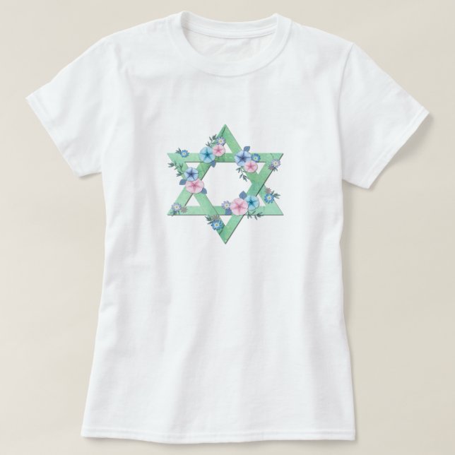 Star of David in light green with pastel flowers T-Shirt (Design Front)