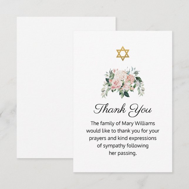Star of David Jewish Floral Funeral  Thank You Card (Front/Back)