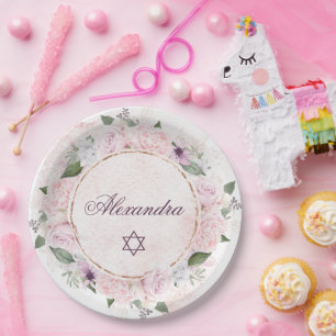 Star Of David Jewish Girl Baby Naming Pink Roses   Paper Plate