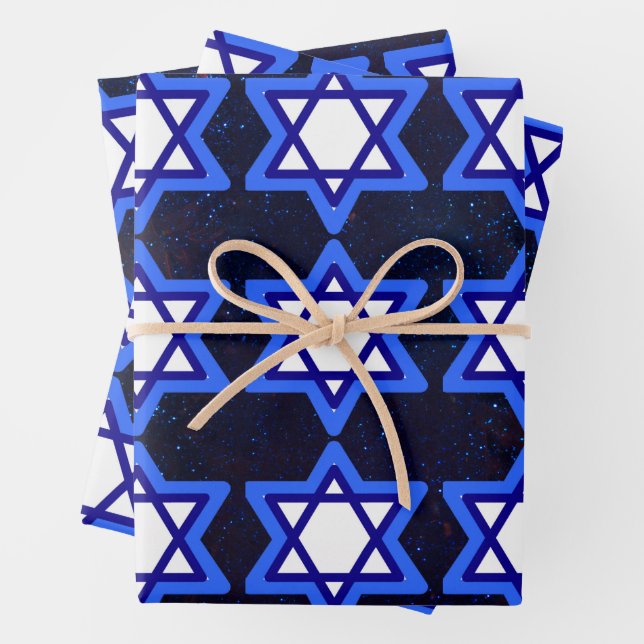 Star of David Jewish Holiday Blue White Wrapping Paper Sheet (In situ)