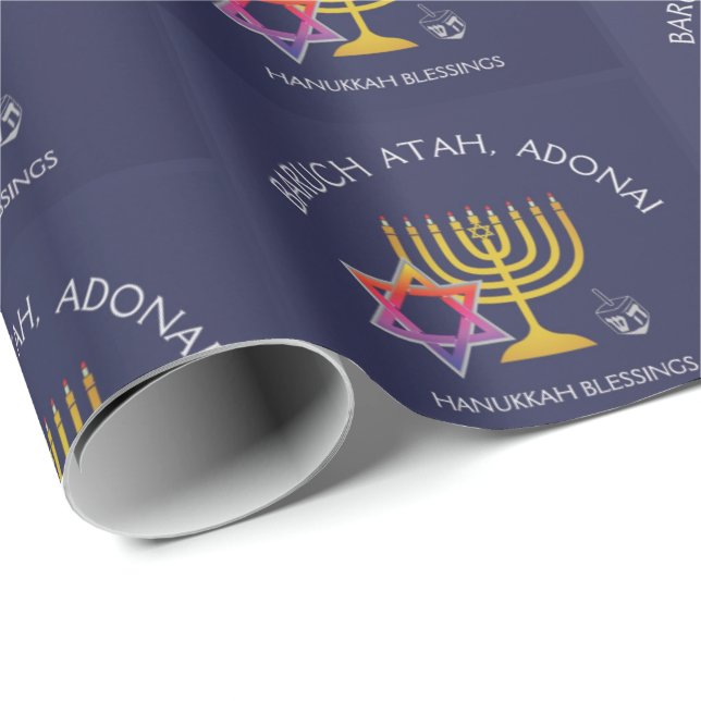 Star of David Menorah Dreidel Blessing | Chanukah Wrapping Paper (Roll Corner)