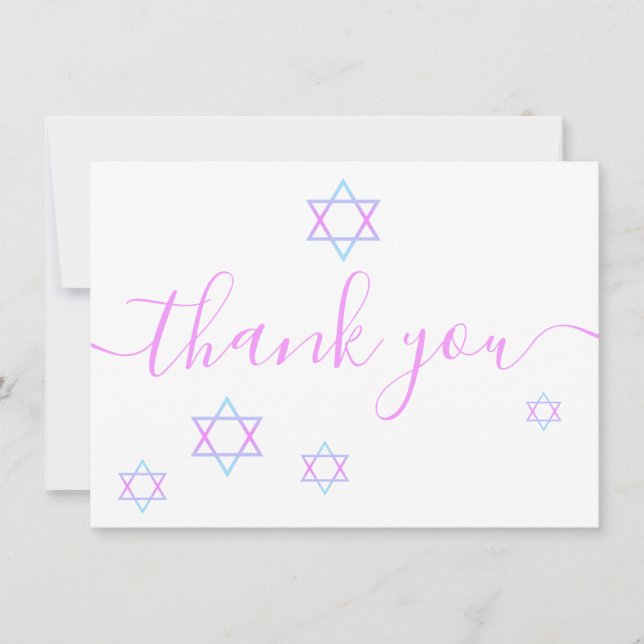 Star of David Modern Pink Script Bat Mitzvah Thank You Card (Front)