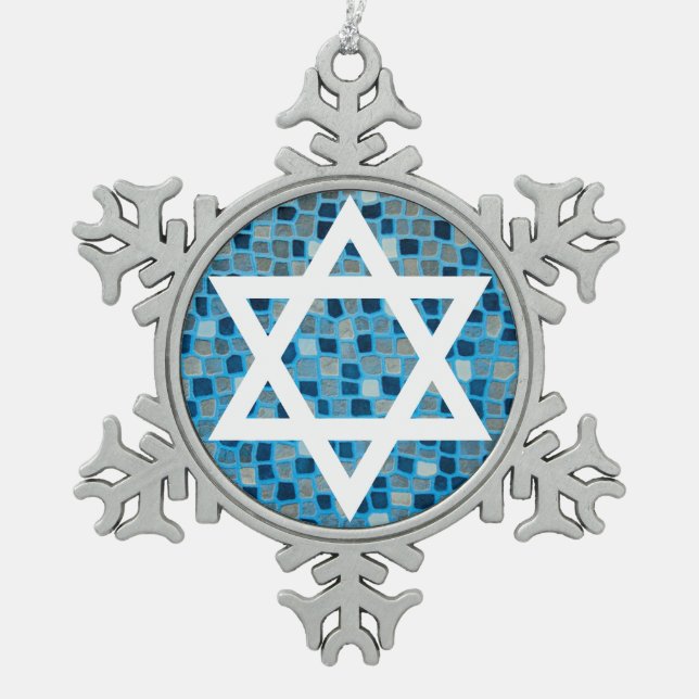 Star of David on Blue Mosaic Tile Pattern Ornament (Front)