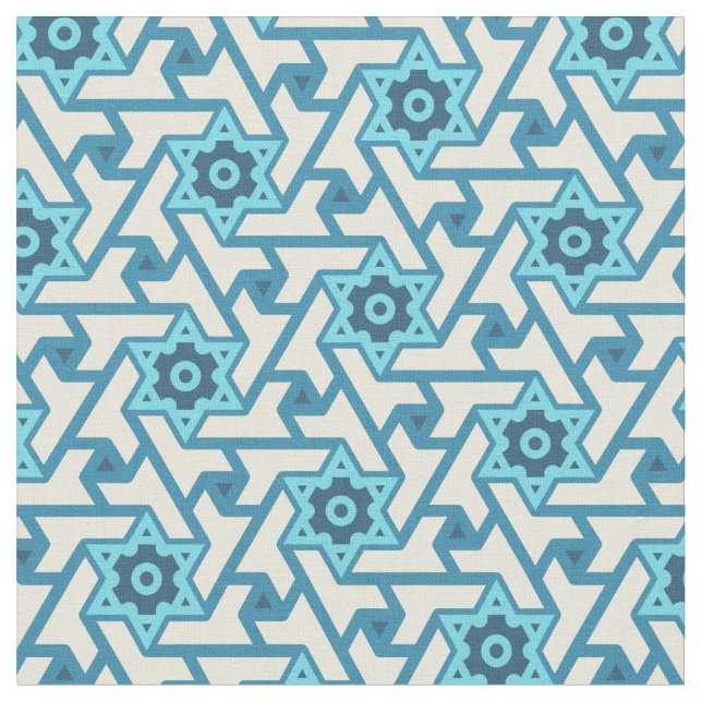 Star of David Pattern Blue and Cream Colour Patter Fabric (Close Up)