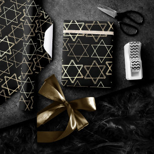 Star of David Pattern   Modern Gold on Black Wrapping Paper