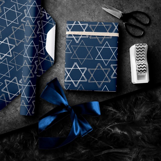 Star of David Pattern | Navy Blue and Silver Wrapping Paper (Creator Uploaded)