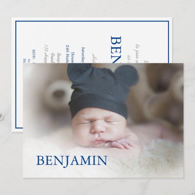 Star of David  Photo Baby Boy Naming Hebrew Jewish Invitation (Front/Back)