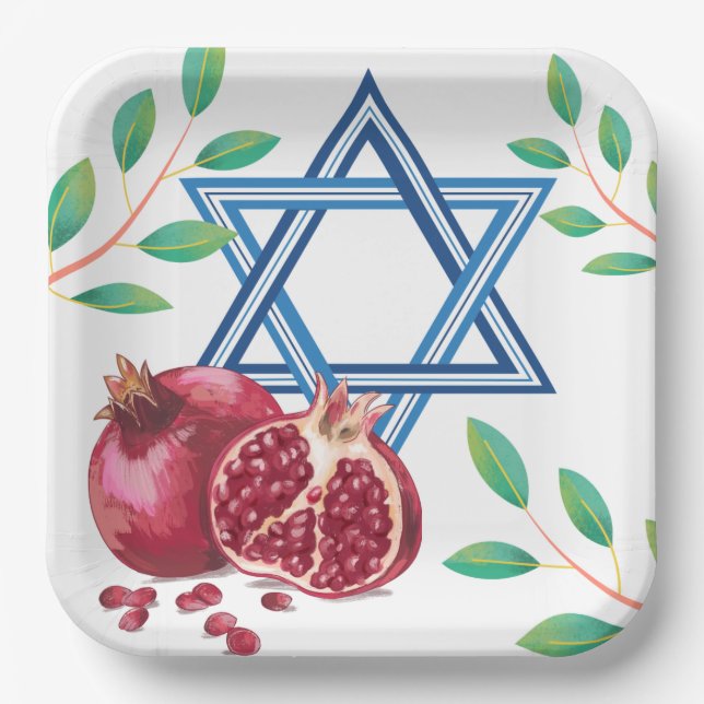 Star of David Pomegranate Leaves Jewish  Paper Plate (Front)
